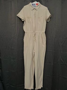Japna Women’s Jumpsuit Size L Beige Linen Blend Button Front, Drawstring Waist